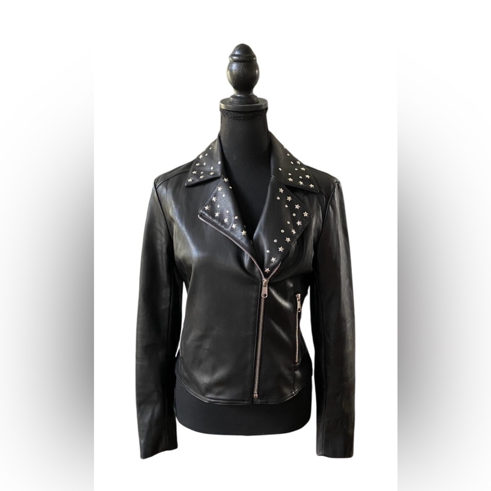 Bar lll: Black Faux Leather Jacket with Star Embellishments